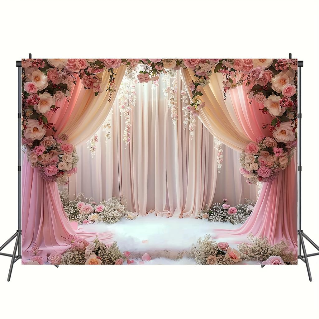 Rideaux de fond floraux roses romantiques en polyester, décorations de photobooth pour enterrements de vie de jeune fille, rendez-vous et mariages.