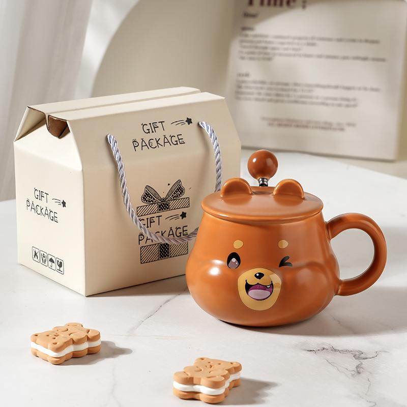 Creative Cartoon Ceramic Cup With Lid High Value Household Couple Water Cup Gift Box With Hand Gift Style
