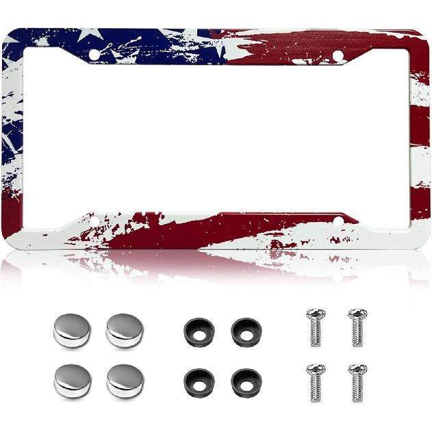 Retro Flowers License Plate Frame - Flowers License Plate Holder Floral License Plate Frames Covers Aluminum Metal 2 Holes for US Vehicle Standard Us patriotic usa flag 2