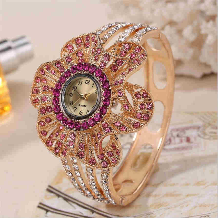 Luxurious Females Flower Design Strap Analog Quartz Watch Women Metal Wristwatch
