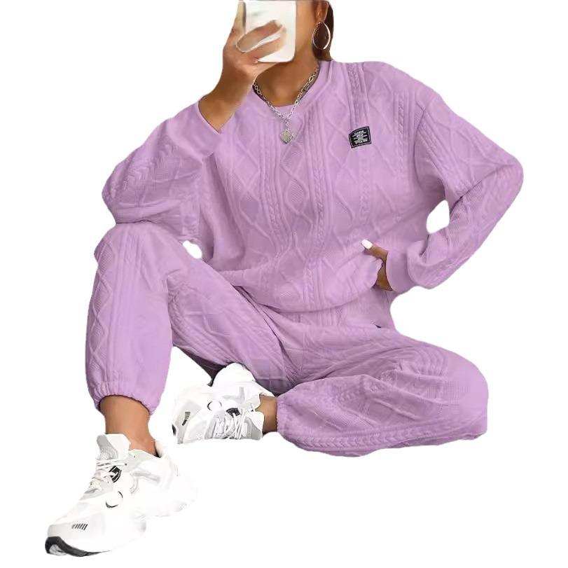Ladies' Autumn and Winter Solid Color Jacquard Long Sleeved Casual Round Neck Sweatshirt and Pants Set