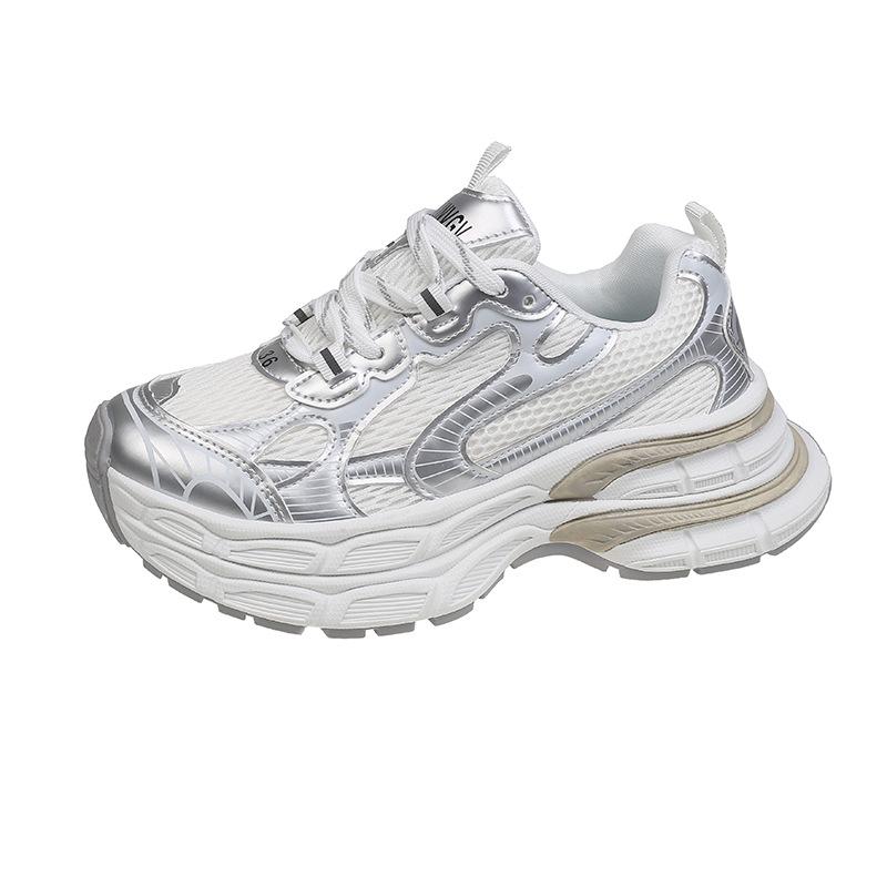 

2024 high-end thin mesh dad shoes women s thick-soled lightweight sports shoes versatile silver casual shoes 35 серебряный