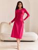 Women's U Neck Long Sleeve Maxi Dress Loose Fit Elastic Waist Fresh Sweet Ribbed Knit Flared Skirt Back Tie Casual Long Gown