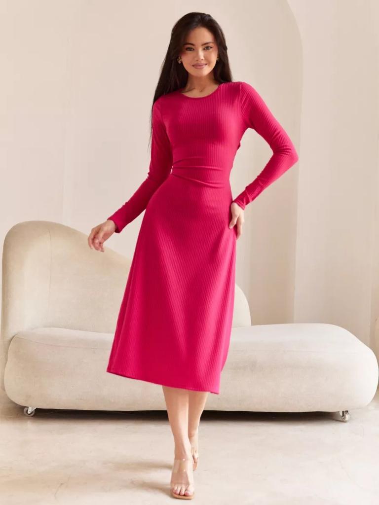 Women's U Neck Long Sleeve Maxi Dress Loose Fit Elastic Waist Fresh Sweet Ribbed Knit Flared Skirt Back Tie Casual Long Gown
