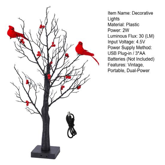 LED Vintage Glowing Tree with Cardinals Twinkle Trees Lamp Lifelike Berry Branch Lights Festive Holiday Party Decorations