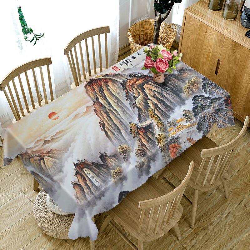Chinese Style Tablecloth Waterfall And High Mountains Landscape Pattern Washable Thicken Rectangular Table Cloth For Wedding