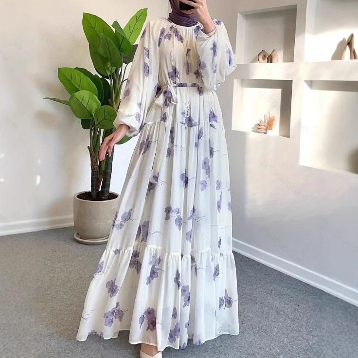 Women's Elegant Floral Chiffon Long Dress with Belt - Round Neck, Vacation Style