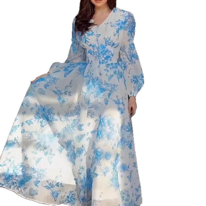 Summer new European and American high-waisted temperament French slim-fitting long-pendulum holiday dress