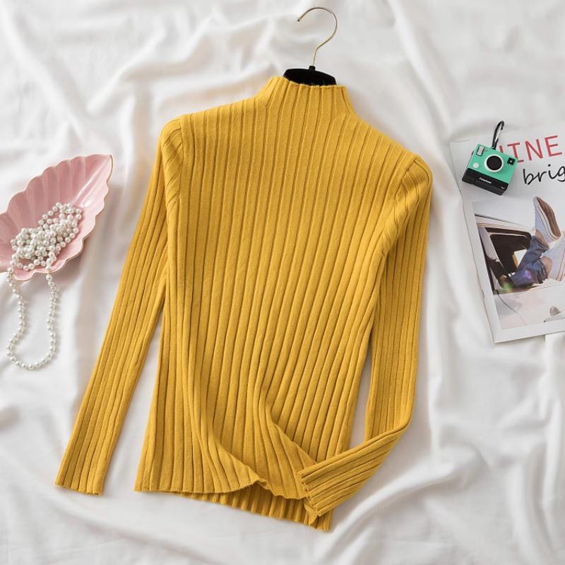 

Модные трикотажные свитера с высоким воротом для женщин, осень и зима, новые облегающие свитера с длинным рукавом, женские однотонные повседневные джемперы 25476 One Size жёлтый