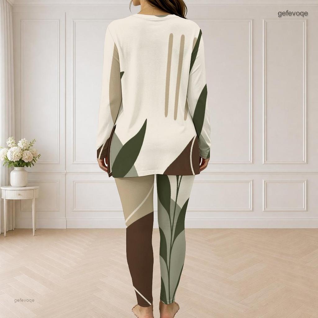 Women Plus Size Purple Gray White Printed Half Zip Long Sleeve Longline Top Fitted Pants Two Piece Set