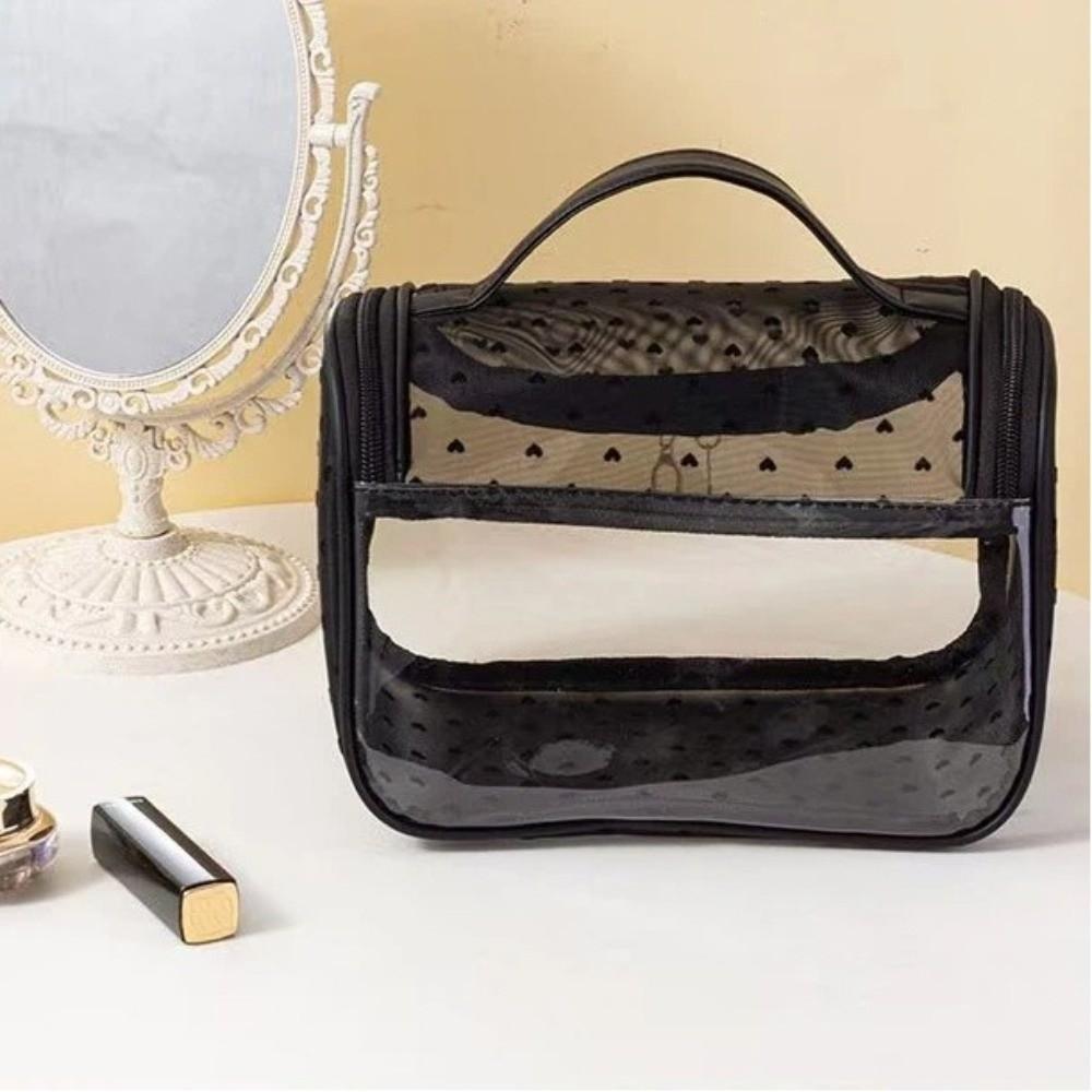 Portable Large Capacity Mesh Makeup Bag Heart Pattern Zipper Toiletry Organizer Transparent Storage Bag Outdoor