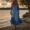 Casual Dress for Women Denim Print Maxi Women, Long Sleeve V Versatile Women's Neck Dress, Summer Loose A-line Flowy Vacation