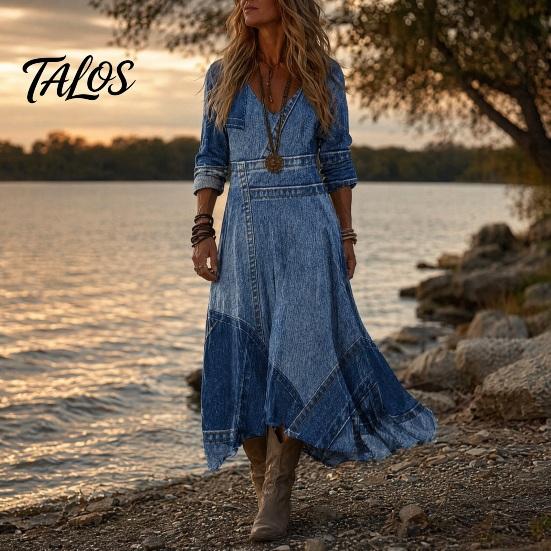 Casual Dress for Women Denim Print Maxi Women, Long Sleeve V Versatile Women's Neck Dress, Summer Loose A-line Flowy Vacation