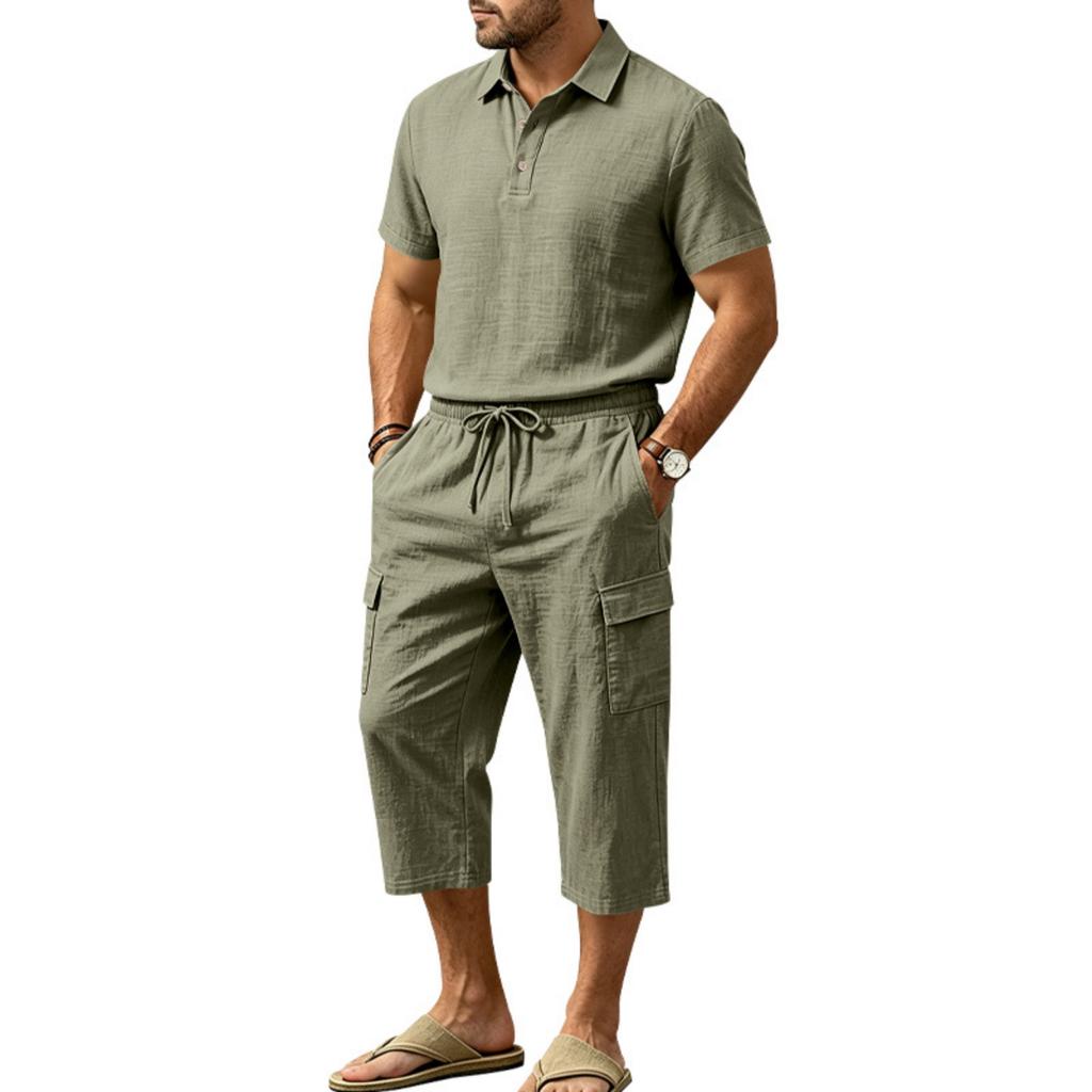 Men's Linen Short Sleeve and Cargo Shorts Set, Relaxed Fit Summer Vacation Outfit for Beach and Daily Wear
