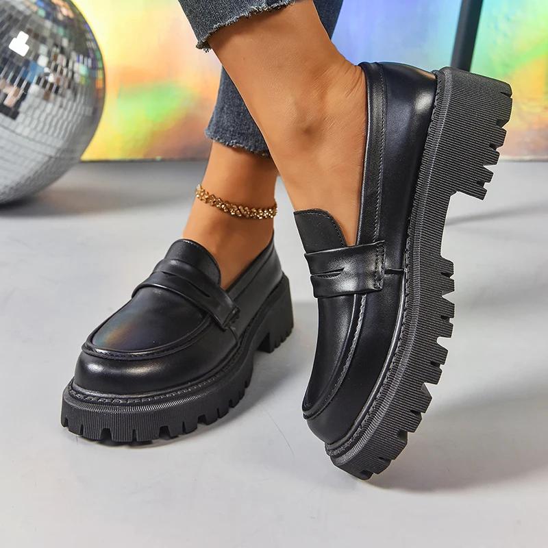Fashion 2025 Spring New Pu Leather Loafers Women Vintage Soft Bottom Med Heel Pumps Ladies Outdoor Wear Resistant Platform Shoes Mujer