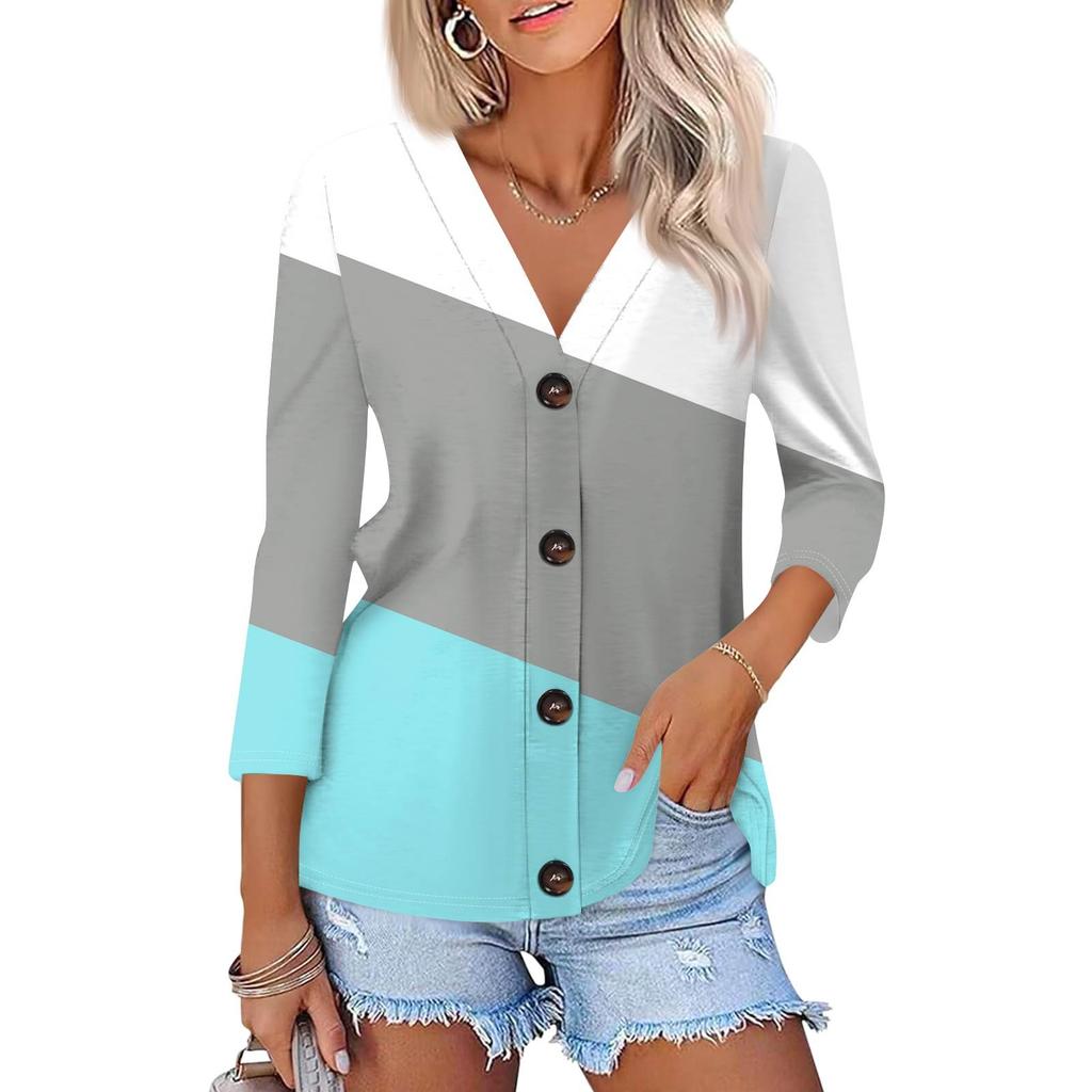 Women's Fashion Casual Striped Geometric Print Button-Down Shirt Three-quarter Sleeve Cardigan Top