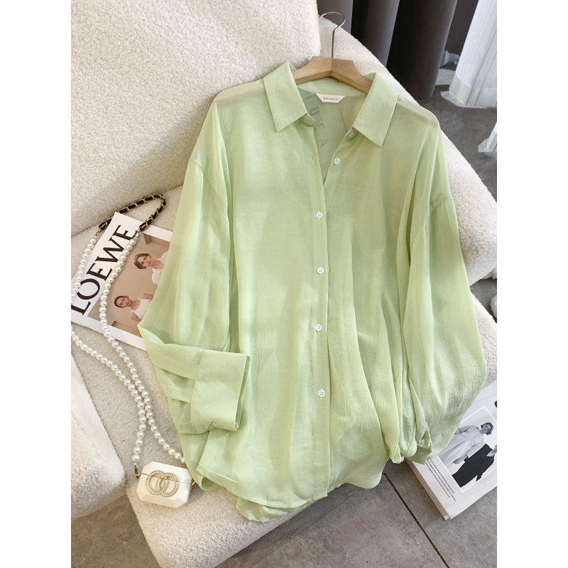 Design Fashion Loose Slightly Transparent Lapel Single-Breasted Idle Style Leisure Drop Shoulder Long Sleeve Shirts Sun Protection Clothing Women