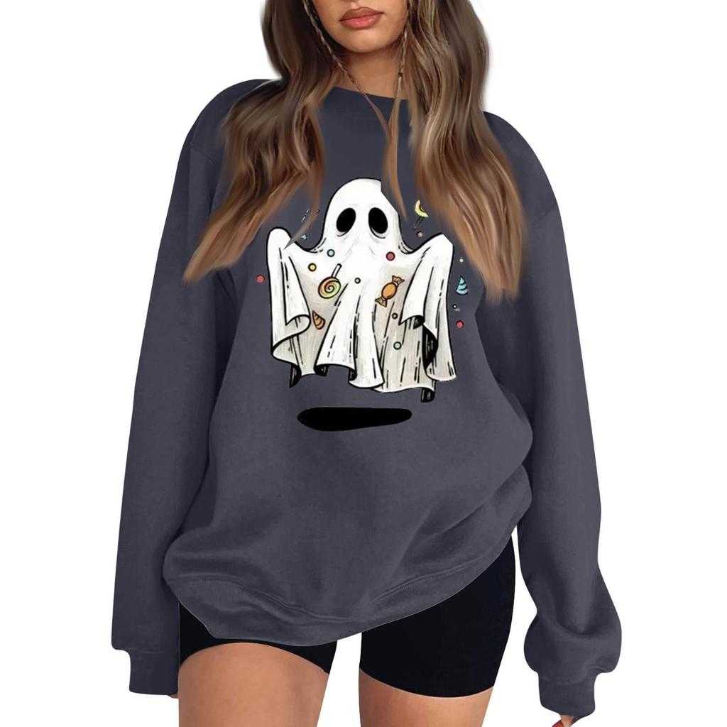 Women's Comfortable Round Neck Long Sleeve Sweatshirt Loose Fit Casual with Color and Halloween Print