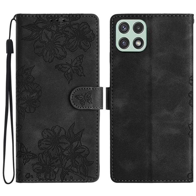 

For Samsung Galaxy A22 5G (EU Version) Case Sakura Butterfly Pattern Anti-Scratch Leather Phone Cover