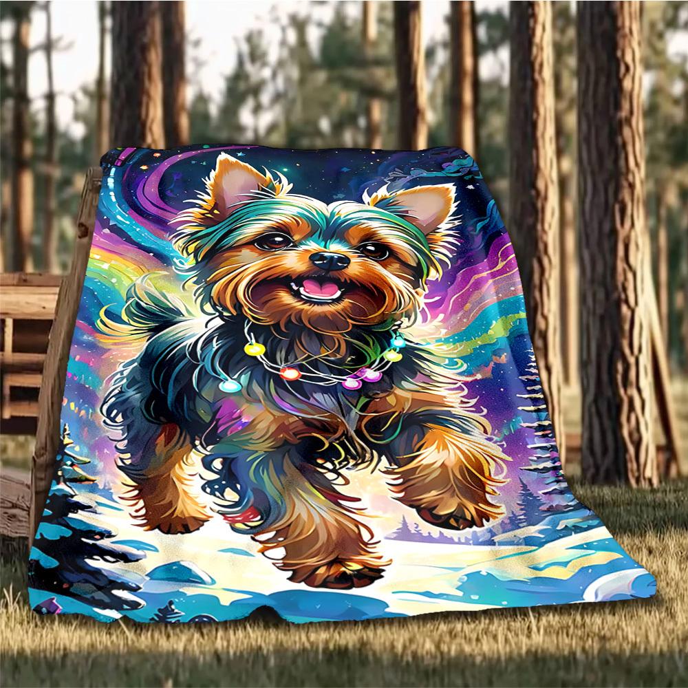 1pc Yorkie Christmas Lights Outdoor Flannel Blanket , Machine Washable Perfect Gift for Birthday , Holiday Travel Accessory , Durable Material