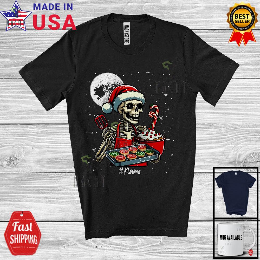 Custom Name Santa Skeleton Baking Awesome Christmas Skeleton Moon Snow T-Shirt M
