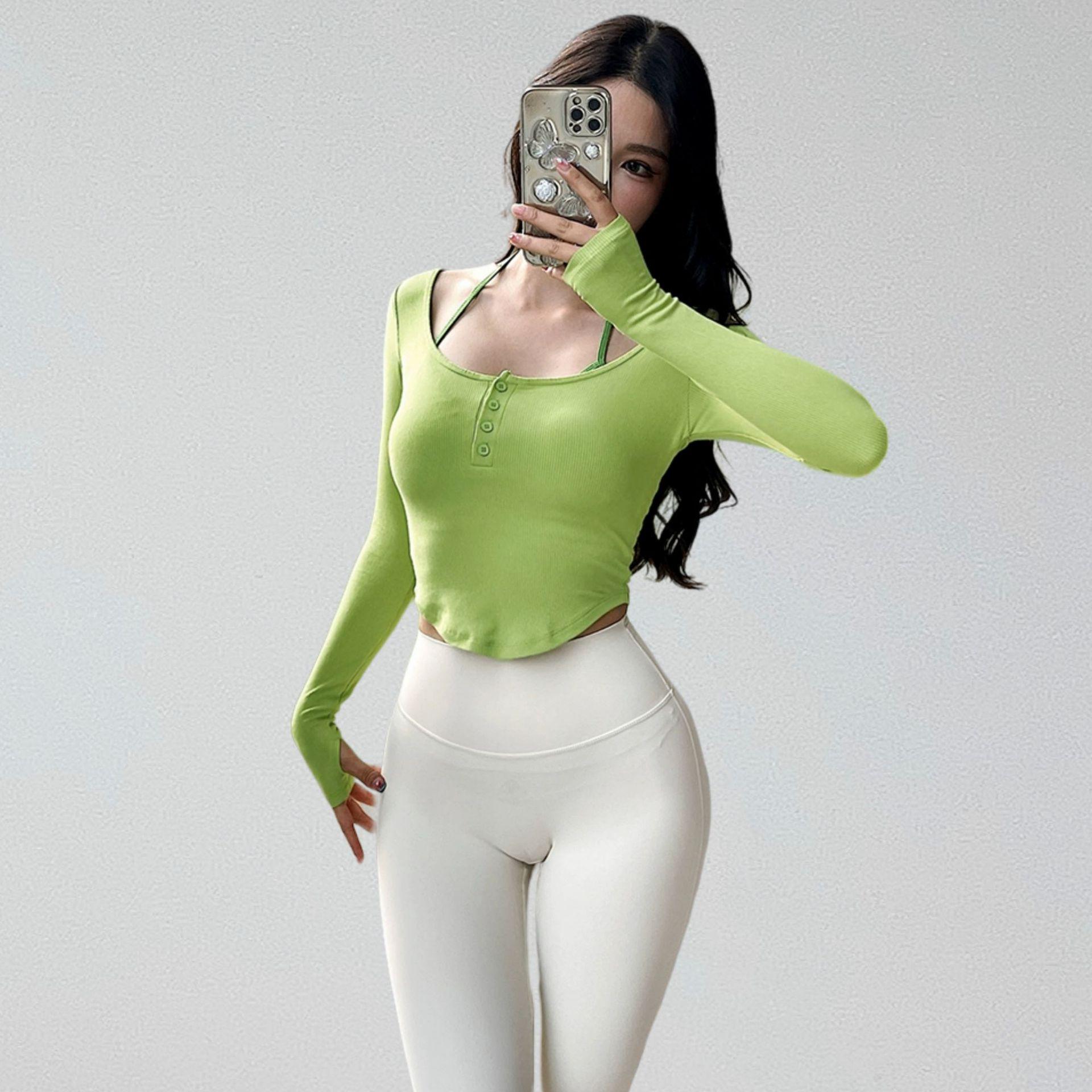 

«Женский облегающий топ для йоги с длинными рукавами и накладкой на грудь, состоящий из двух частей, с цветными блоками, для осени/зимы» Small зелёный