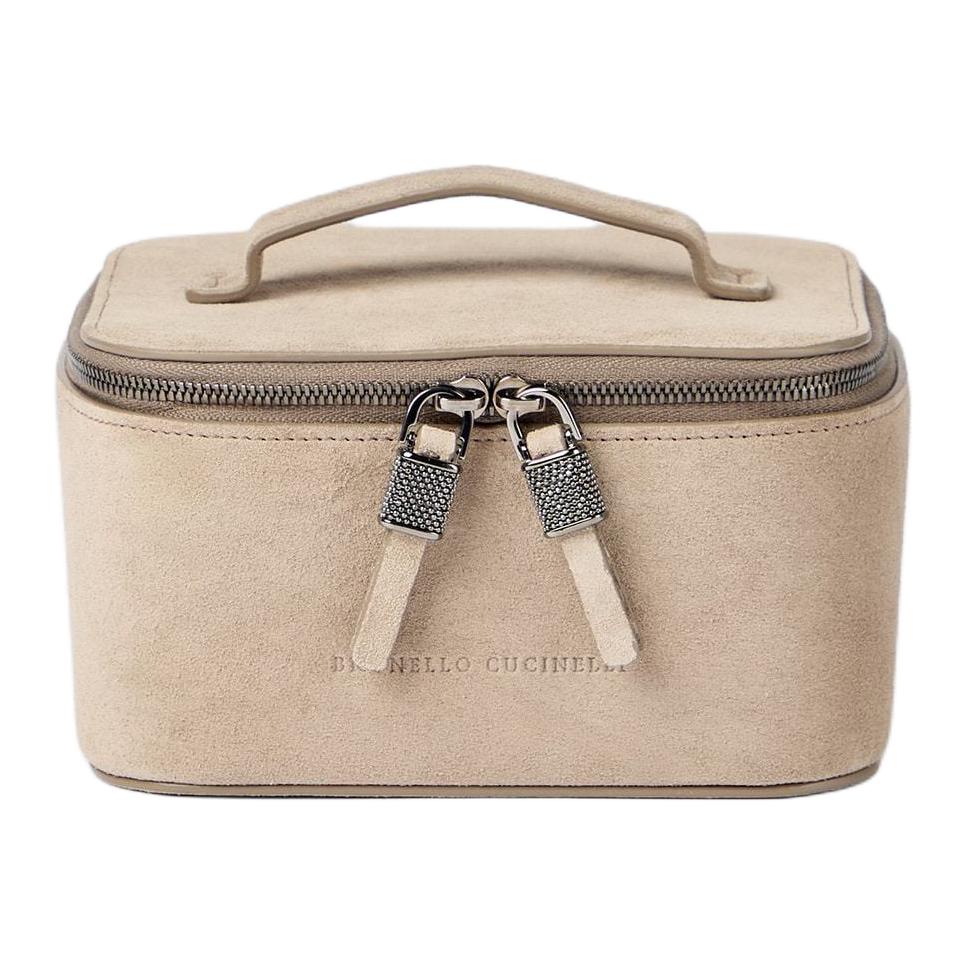 Brunello Cucinelli Logo Embellished Suede Travel Pouch Women Pouch Beige 252MWDLM2728C5859 Basic Set (Bag+Dust Bag)