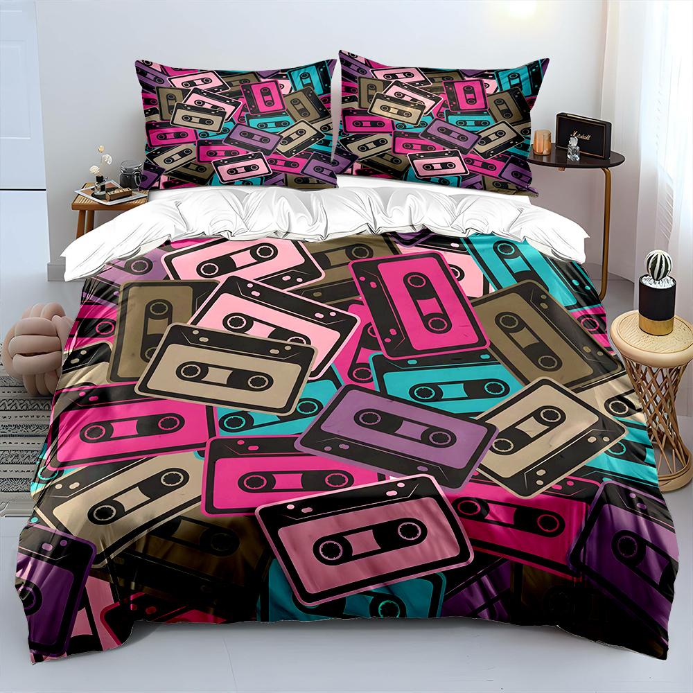 Retro Colorful Cassette Tapes Background Bedding Set 1 Duvet Cover 2 Pillowcases for Adult and Children Luxury Gift Full Size