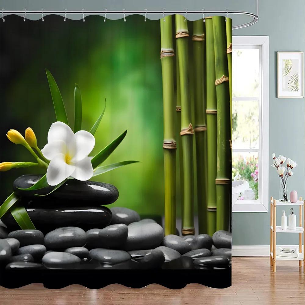 Green Bamboo Zen Shower Curtain Zen Stone Flower Flowers Meditation Zen Polyester Fabric Bath Curtains Bathroom Decor With Hooks