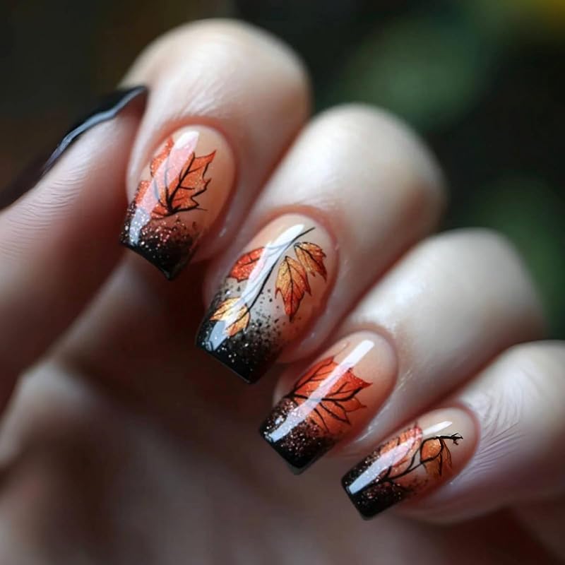 Maple Leaf Press on Nails Fall Leaves Stick on Fingernails Thanksgiving Short Square False Nails 24Pcs Glossy Silver Glitter Acrylic Fake Nail Autumn