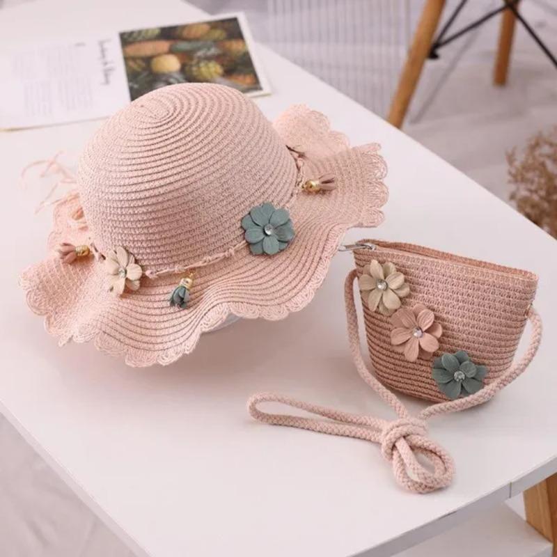 2Pcs/set Baby Girl Sun Hat + Shoulder Bag Summer Sunscreen Children Hat Bag