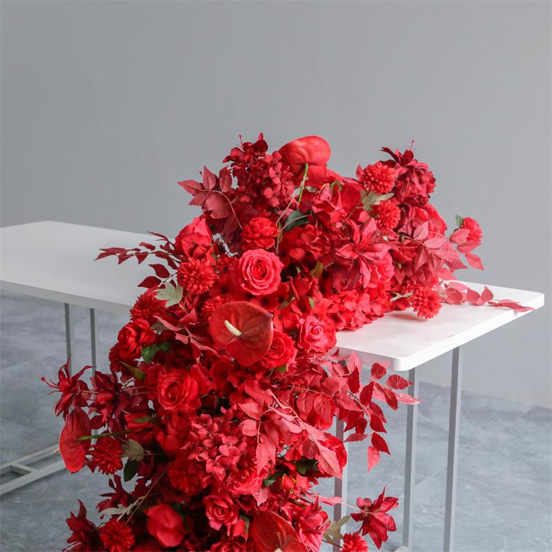 UFlower 200cm Artificial Red Hydrangea Flowers Row Runner for Wedding Backdrop Table Centerpiece Party Decor Event Wall Props