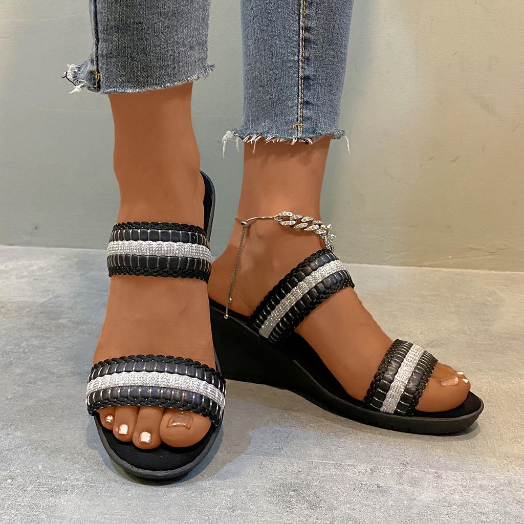 fashion Summer Flip Flops Women Wedge Slippers Fashion Platform Shoes Open Toe Wedges Sandals Strap Crystal Shoes for Women Plus Size 42