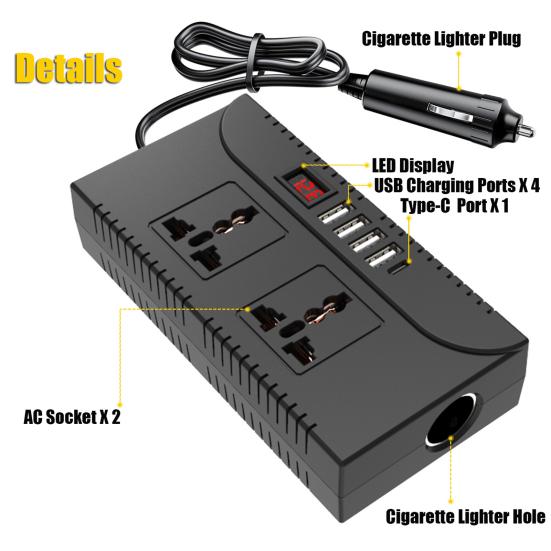 Car Power Inverter Overload Protection Universal USB-C Fast Charging Portable Car Charger with Switch Control Converter
