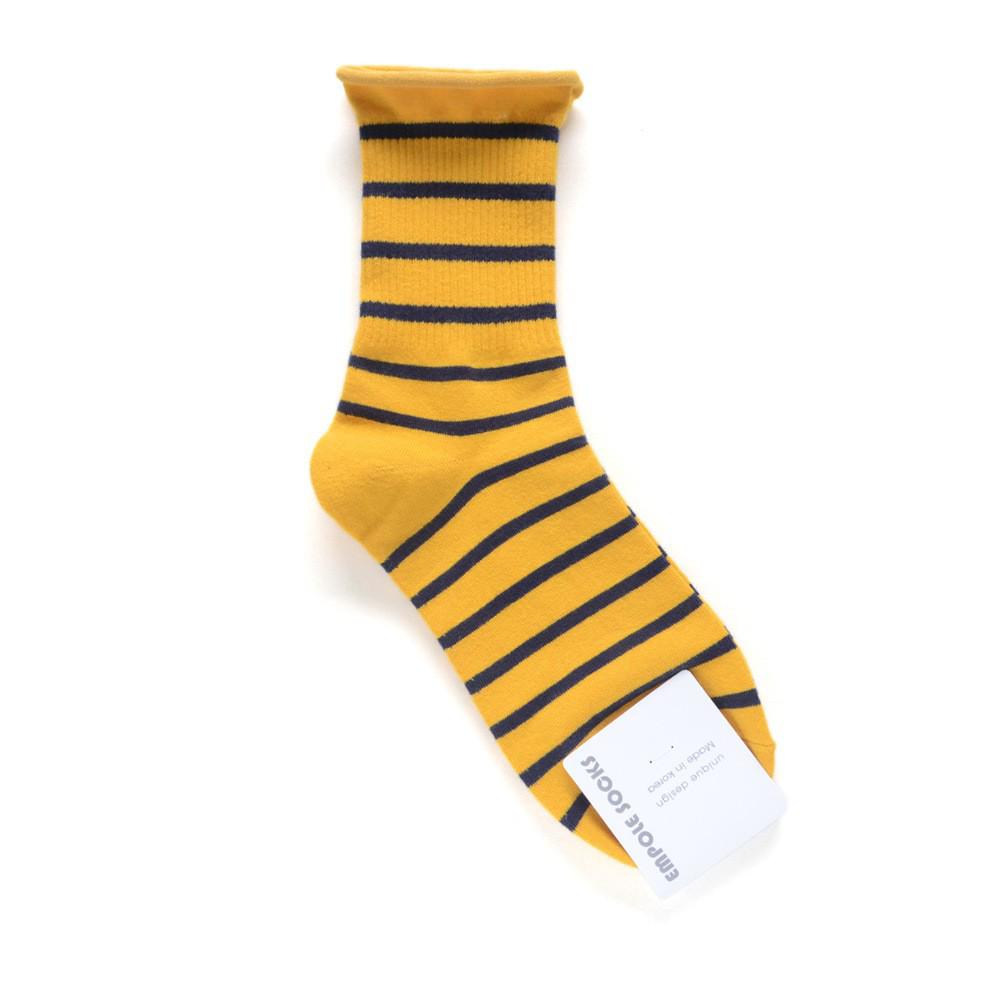 Korean Women's Mid-Calf Cotton Socks: Autumn/Winter Striped & Rolled Edge Sporty Design