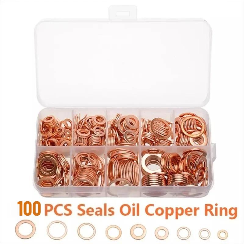 

100 шт./коробка Медные шайбы Уплотнительные кольца Прокладки Набор плоских уплотнительных колец Ассортимент Автомобильные медные уплотнительные кольца для форсунок Сливная пробка 100pcs/box