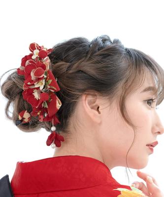 Hair Coming of Age Graduation 3 Piece Japanese Japanese Style [SOUBIEN] Ornament, Ceremony, Ceremony, Set, Flower, Pattern, Ribbon, Red,