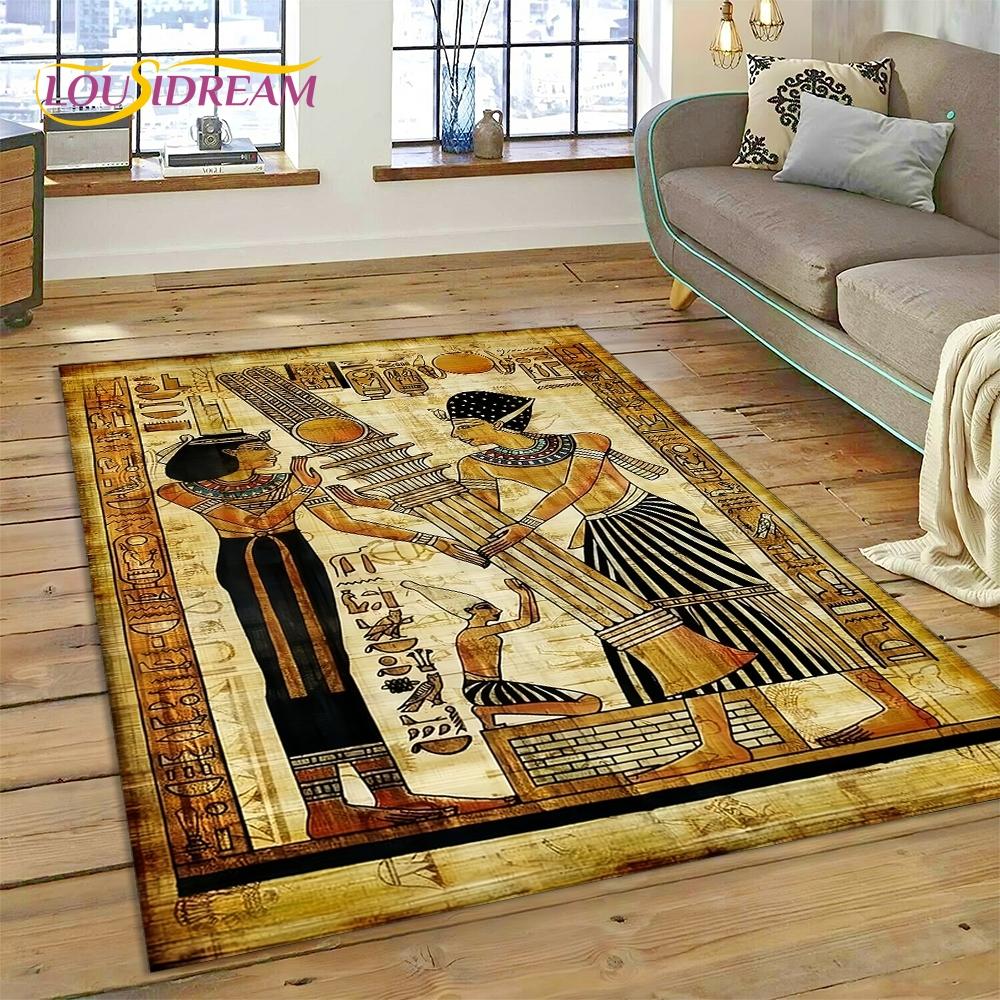 Tapis HD Hiéroglyphes Pharaoniques Mythologie Égyptienne 3D pour Salon Chambre Décoration de Maison, Décoration Antidérapante pour Canapé Paillasson