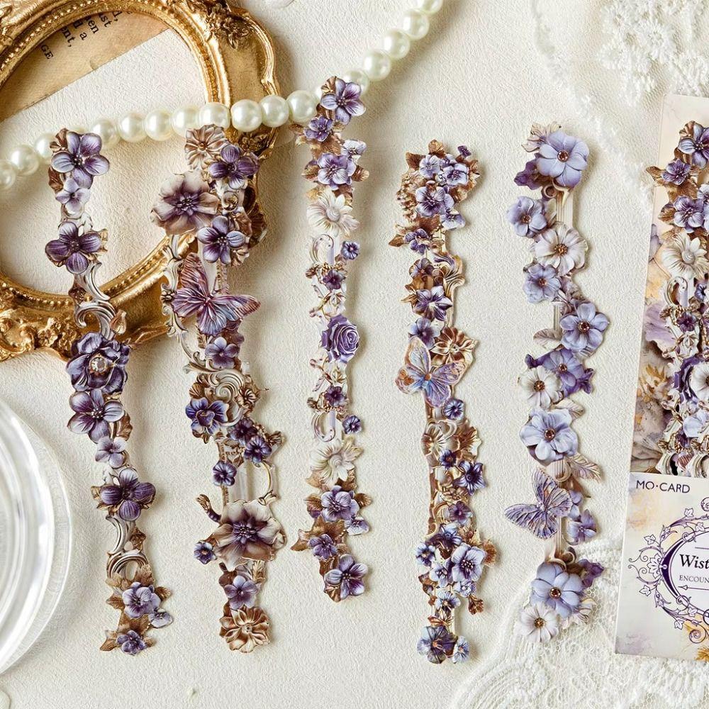 20PCS Colored Long Floral Stickers Paper Collage Stationery Decor Hollow Relief Craft Scrapbooking