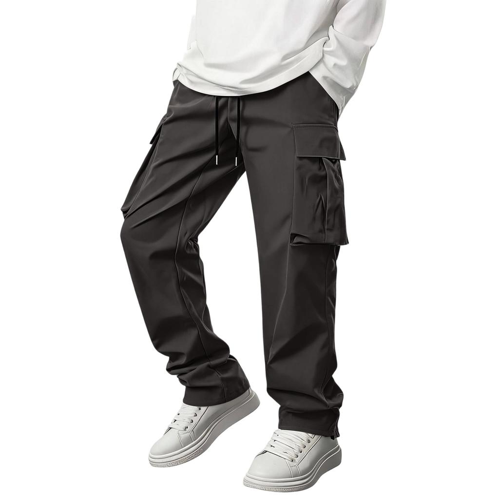 Men Casual Slim Fit Straight Leg Outdoor Multi Pocket Cargo Pants Lightweight Breathable Drawstring Waist Long Trousers