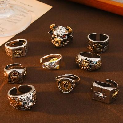 Guochao Ethnischer Stil Ring Zweifarbig Persönlichkeit Dominant Lustig Teufel Tierkreiszeichen Ring Retro Fortgeschrittener Sinn Finger Schraubenschlüssel
