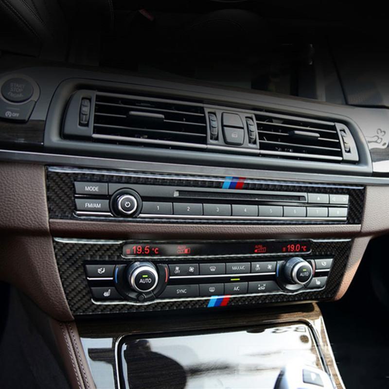 2PCS Carbon Fiber Car CD Control Panel Frame Decoration Stickers Auto Styling Interior Accessories For BMW F10 5 Series