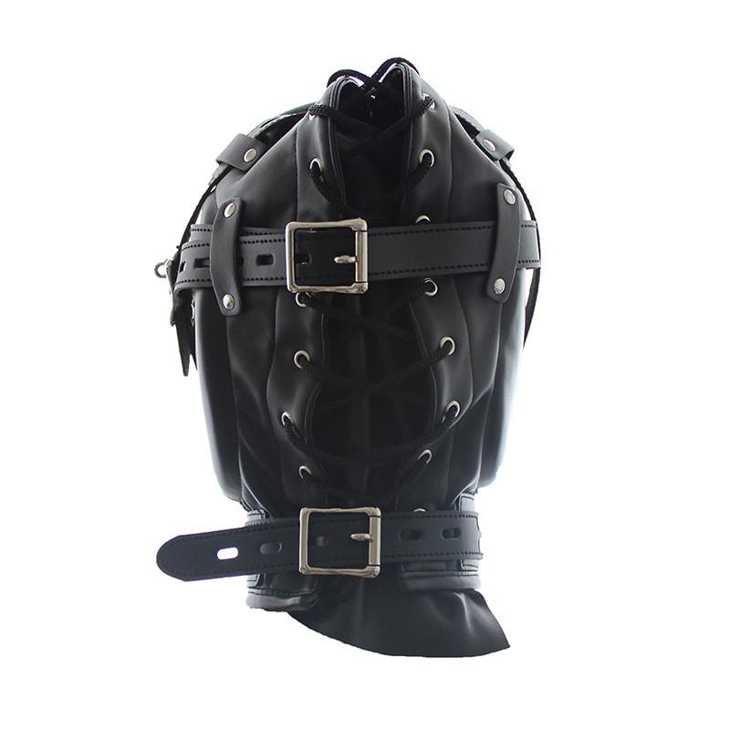 Top Quality Black Head Gear Leather Hood Bondage Slave Mask for Sex