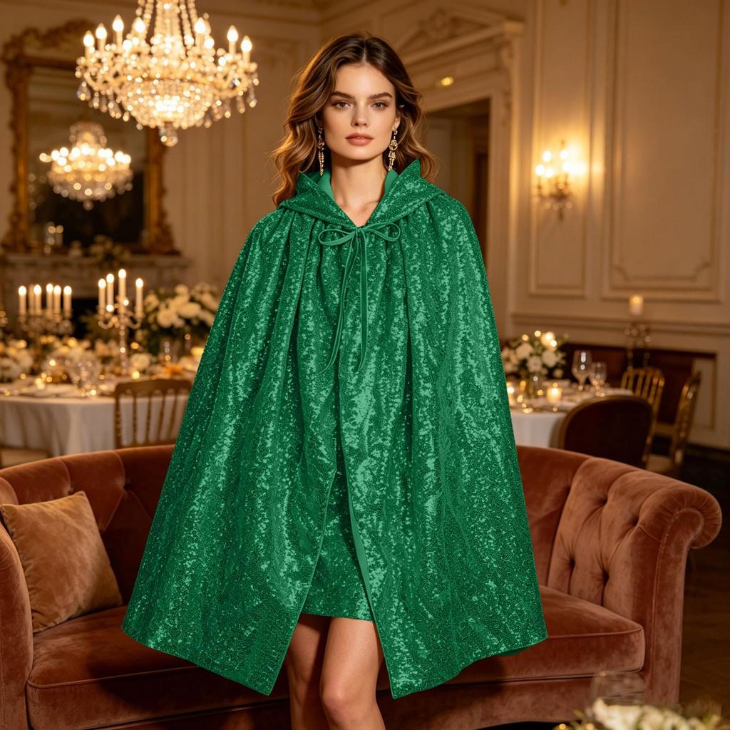 Women's Color Sequined Hooded Cape, Performance Stage Costume for Holiday Fancy Dress, 100cm