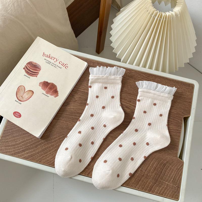 24 Autumn And Winter Mesh Lace Socks Children'S Japanese Retro Polka Dot Fashion Medium Tube Women'S Socks Short Women'S Socks