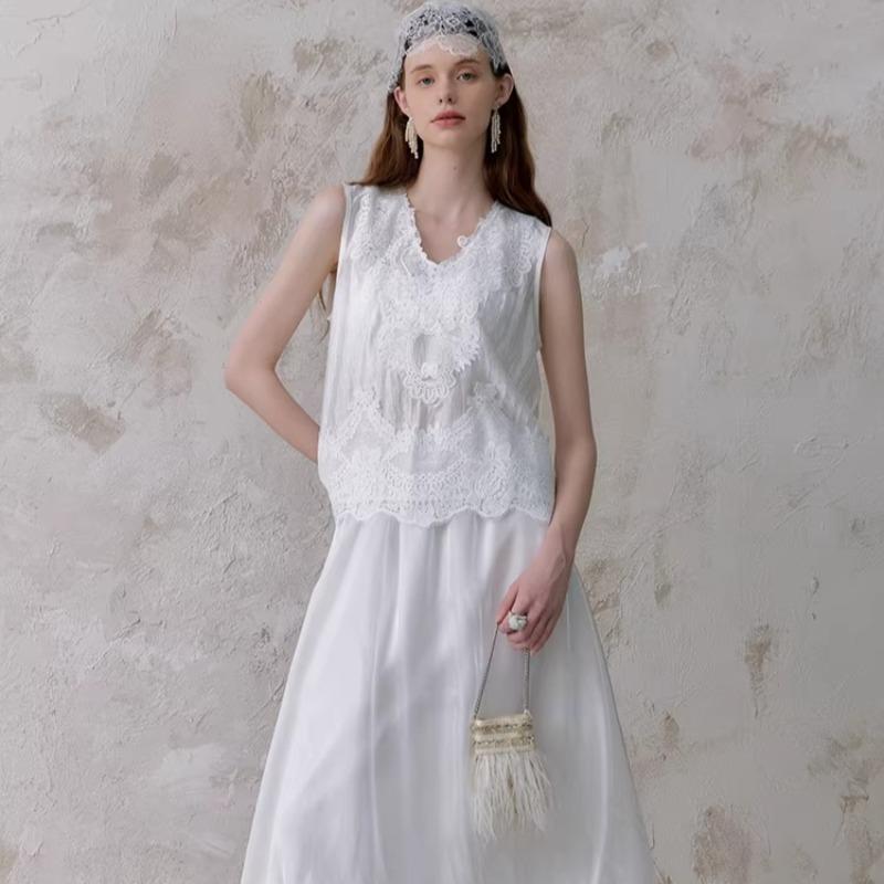 DIMANAF 2026 Neues Weste-T-Shirt Damen Spitze Rundhalsausschnitt Ausgeschnitten Sommerstil Basic Tops T-Shirts Lockere Weste