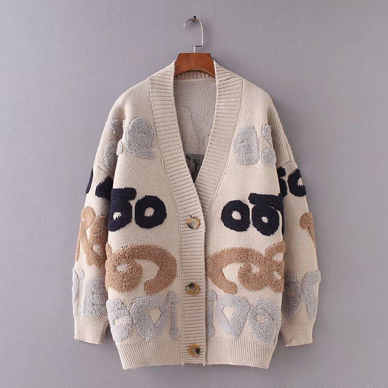 

Spring and Autumn New Women s Jacket Large Lazy Style Letter Collar Medium and Long Jacquard Knitted Cardigan Women s Tide average size хаки