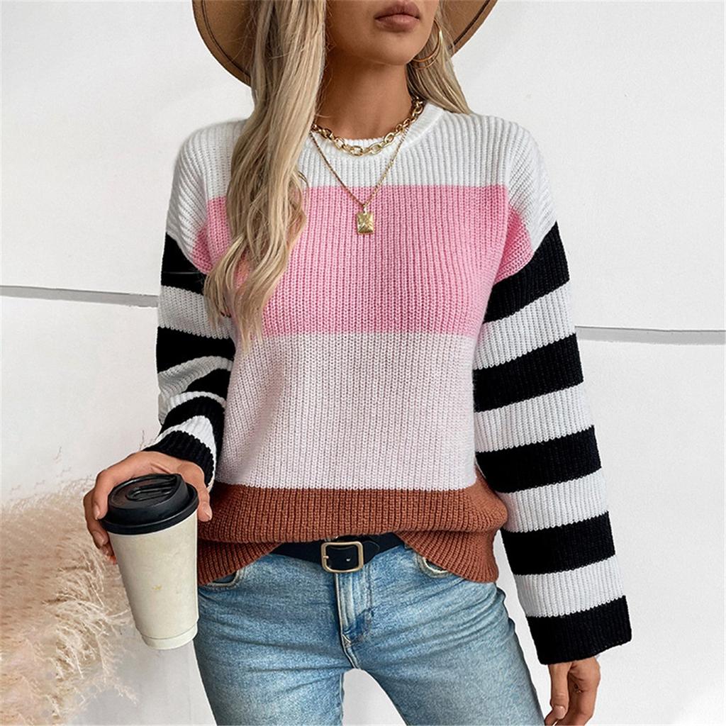 Contrast Color Striped Women's Sweater Autumn And Winter New Style Pullover Round Neck Casual Fashion Sweater