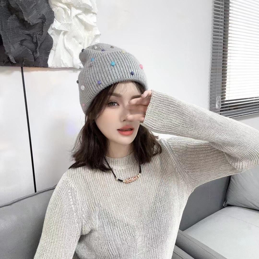 

New Rabbit Hair Handmade Colorful Pearl Wool Hat Men and Women Outdoor Warm Personality Street Knitted Head Cold Hat M（56-58cm）