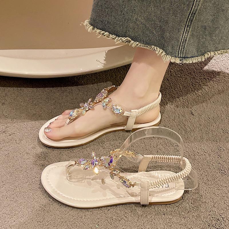 Strass-Sandalen mit flachem Boden Damen Sommer neue Zehen große Größe Strandsandalen